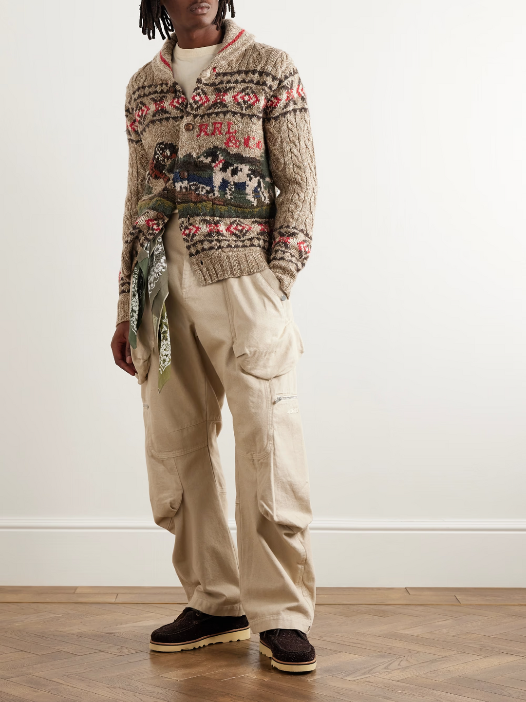 RRL Ralph Lauren Dog Hunting Wool Linen Blend Hand Knit Cardigan Men's Large L