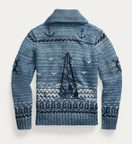 RRL Ralph Lauren Shawl Indigo Anchor Hand-Knit Nautical Cardigan Men's Medium M