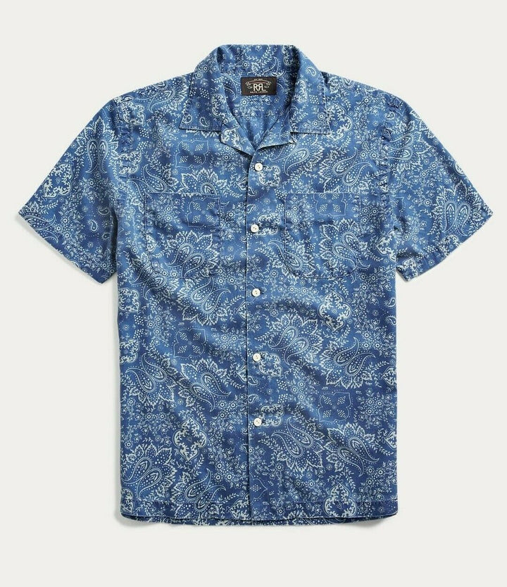 RRL Ralph Lauren 1920s Indigo Bandanna Motif Print Blue Shirt Mens M Medium Camp