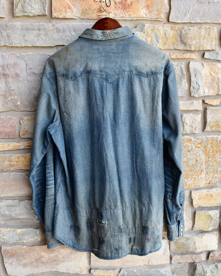 RRL Ralph Lauren Repaired Distressed Destroyed Western Snap Shirt Men's XXL 2XL