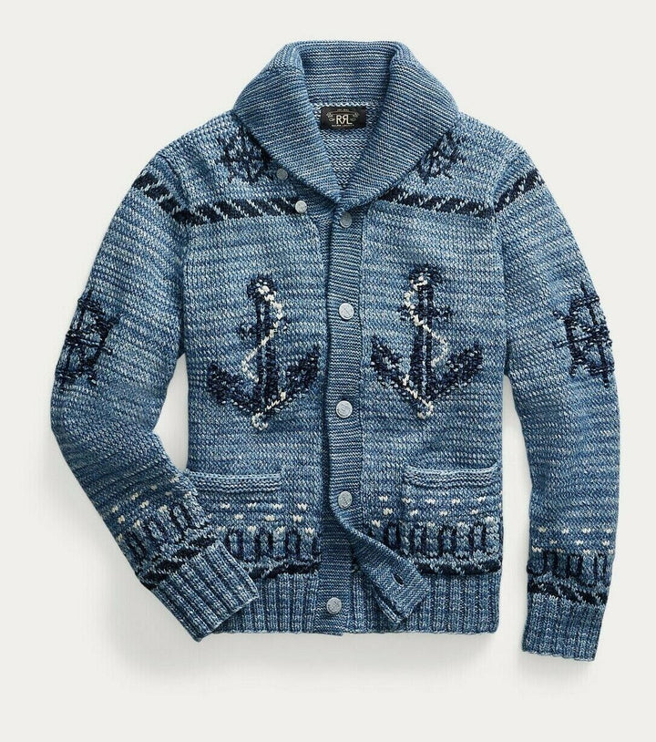 RRL Ralph Lauren Shawl Indigo Anchor Hand-Knit Nautical Cardigan Men's L Large