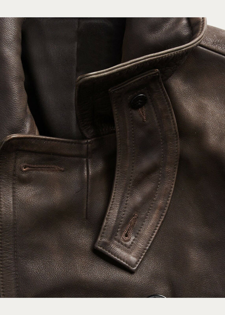 New RRL Ralph Lauren Leather Brown/Gray Peacoat Jacket Coat Lined Men's Large L