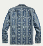 New RRL Ralph Lauren Southwestern Blue Indigo Jacquard Camp Shirt Men's Medium M