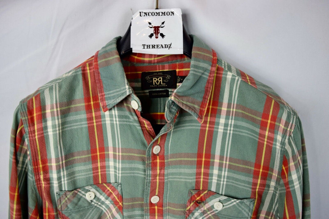 RRL Ralph Lauren Plaid Green Cotton Workshirt Men's M Medium Flannel