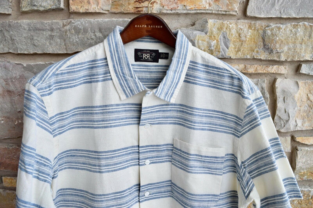 RRL Ralph Lauren 1940's Striped Linen White Blue Camp Shirt Men's 2XL XXL