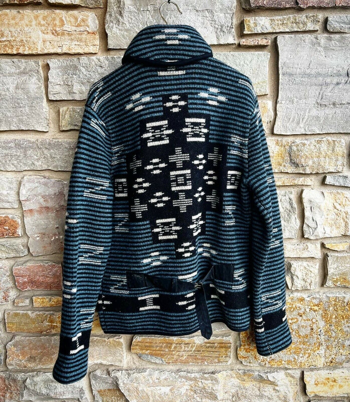 New RRL Ralph Lauren Blue Geometric Rare Shawl Wool-Knit Cardigan Men's Small S