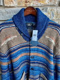 New RRL Ralph Lauren Blue Hand-Knit Brown Shawl Cardigan Sweater Men's XXL 2XL