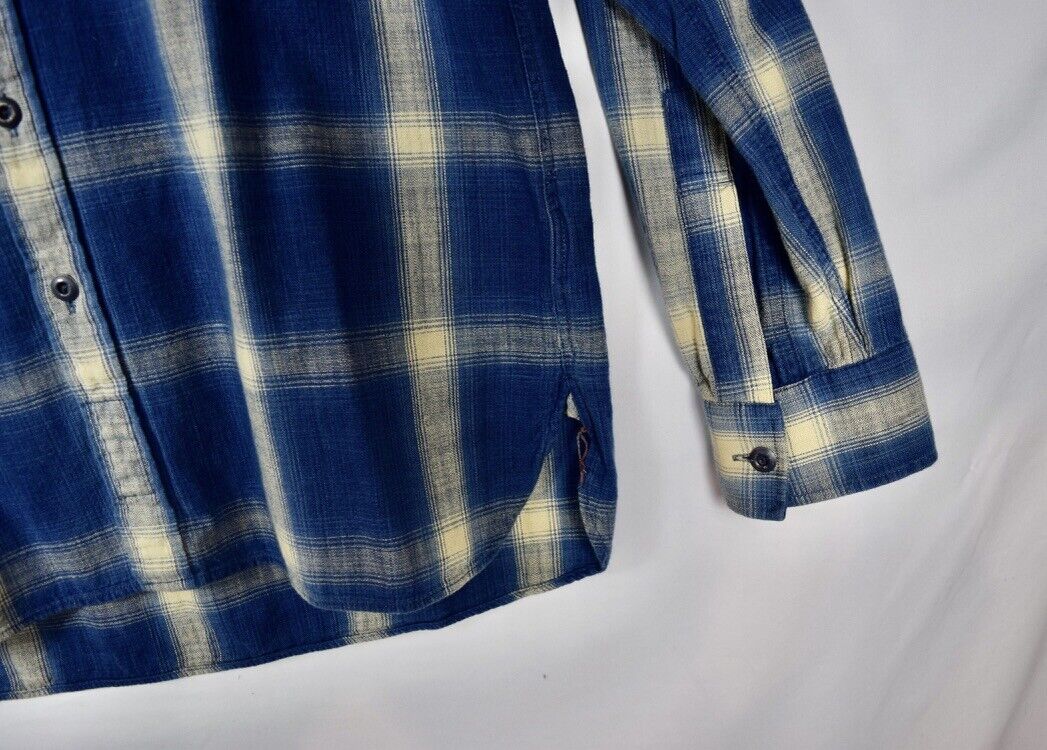 RRL Ralph Lauren Plaid Blue Cream Check Workshirt Flannel Slim XL Extra-Large