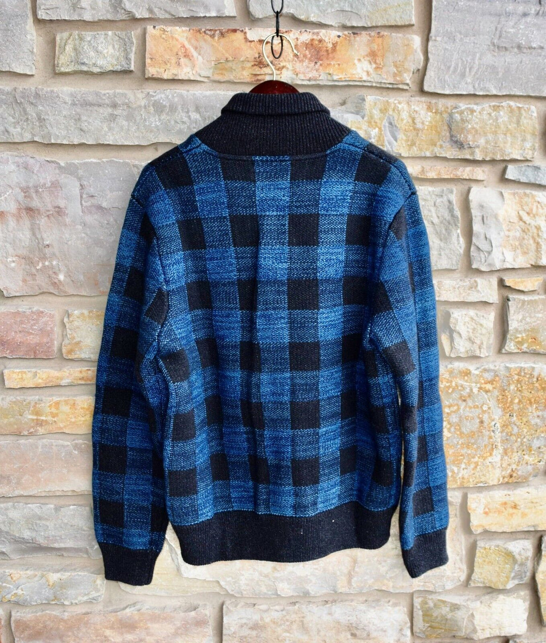 New RRL Ralph Lauren Mockneck Blue Plaid Check Full Zip Jacket Men's Medium M