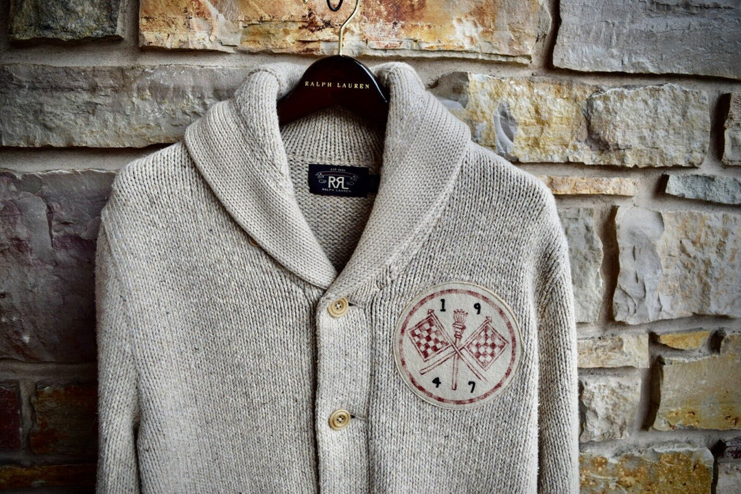 New RRL Ralph Lauren Beige Rare Shawl Cotton Patch Cardigan Men's Small S