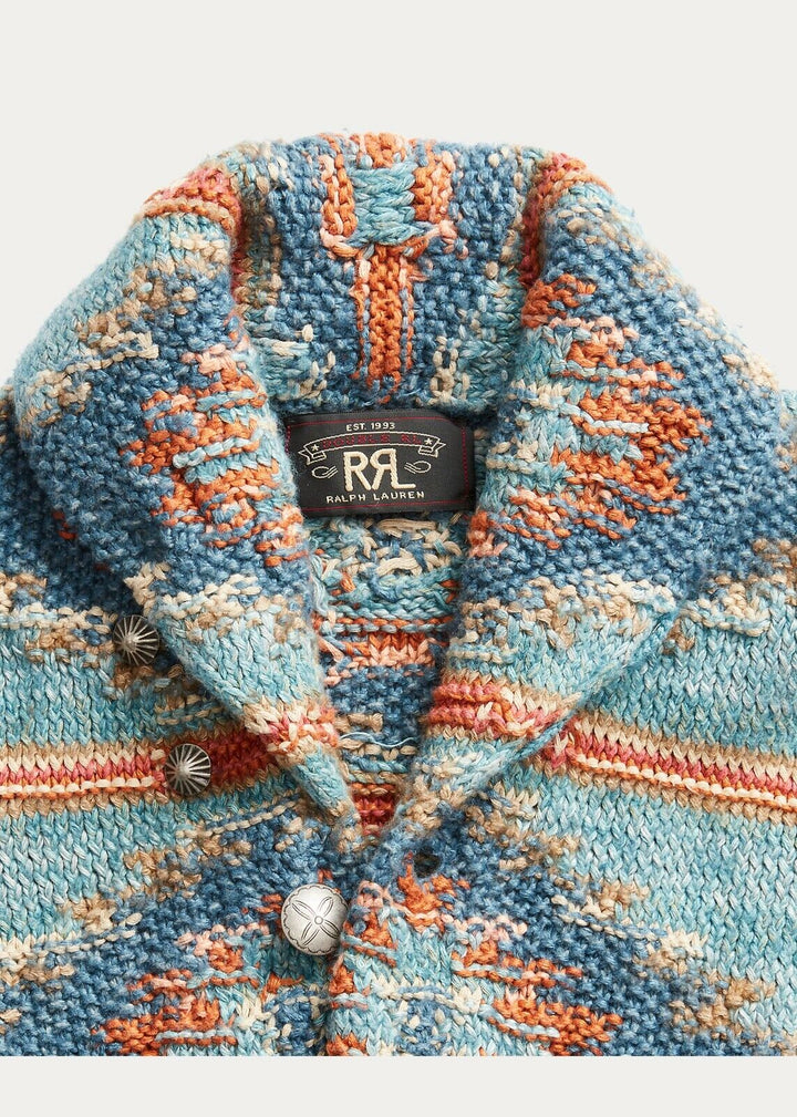 RRL Ralph Lauren Southwestern Blue Hand-Knit Silk Cardigan Men Extra-Large XL