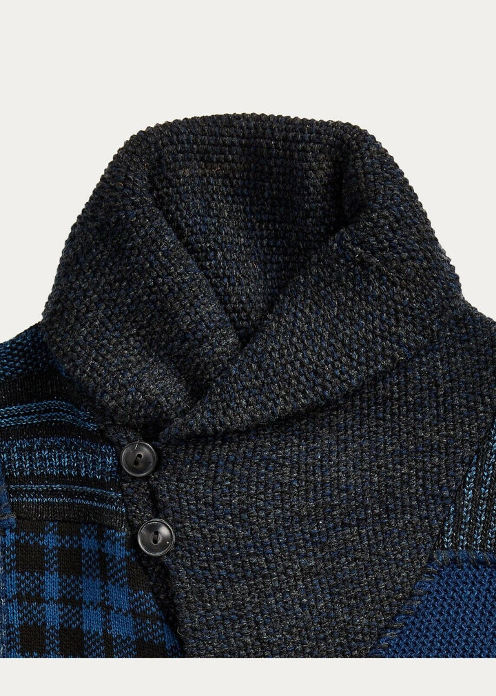RRL Ralph Lauren Wool Shawl Patchwork Cashmere Indigo Cardigan Men's M Medium