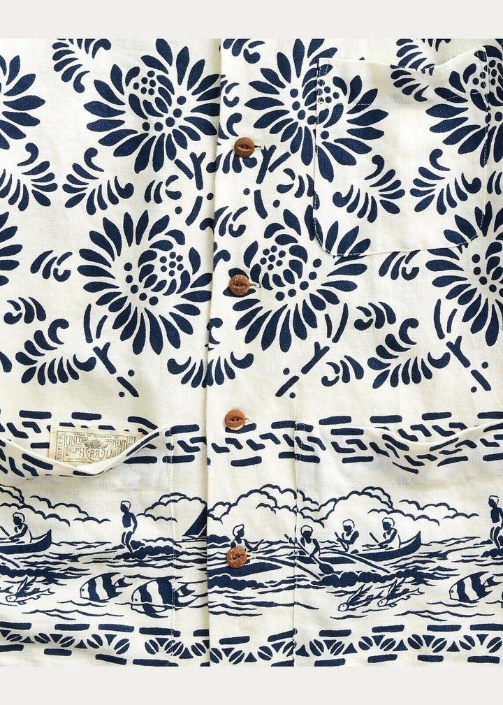 RRL Ralph Lauren 1940s Painted Japanese Hawaiian Linen Shirt Men's Small S Camp