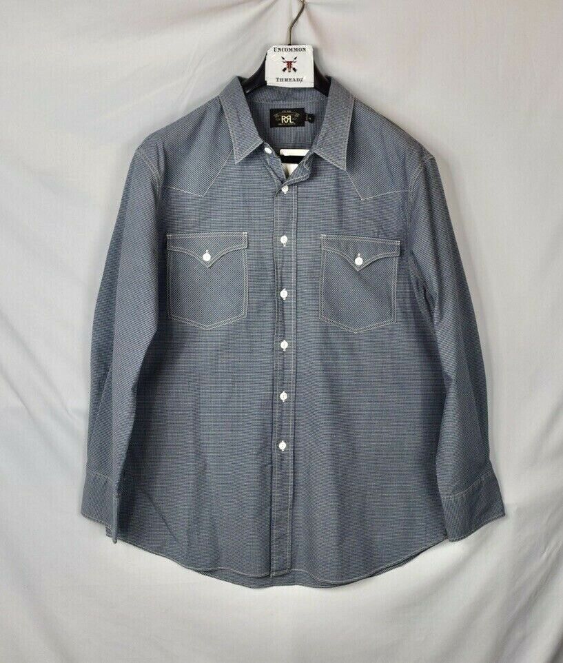 RRL Ralph Lauren Check Western Kane Yoke Blue Cotton Work Shirt Men's XXL 2XL