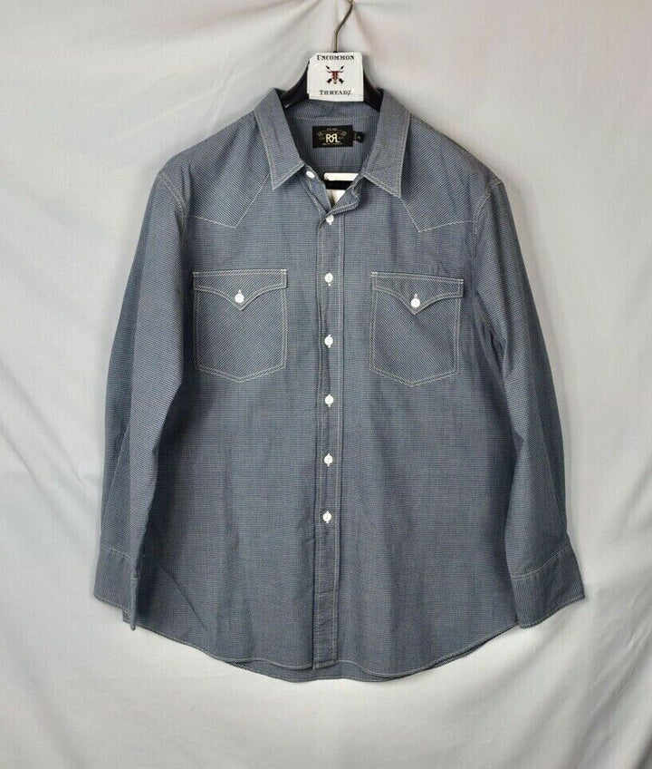 RRL Ralph Lauren Check Western Kane Yoke Blue Cotton Work Shirt Men's XXL 2XL