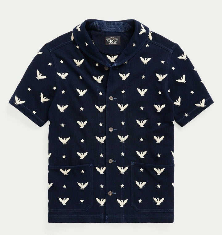 RRL Ralph Lauren Eagle Embroidered Indigo Navy Mesh Shirt Men's Small S