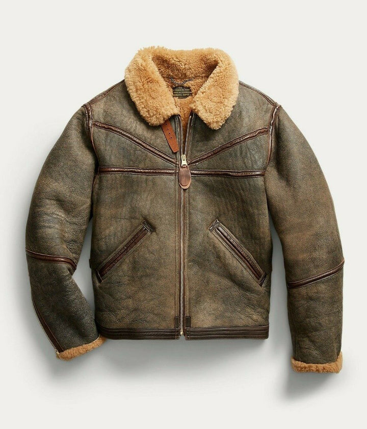 RRL Double RL Ralph Lauren Leather Brown Shearling Military Jacket Mens Medium M