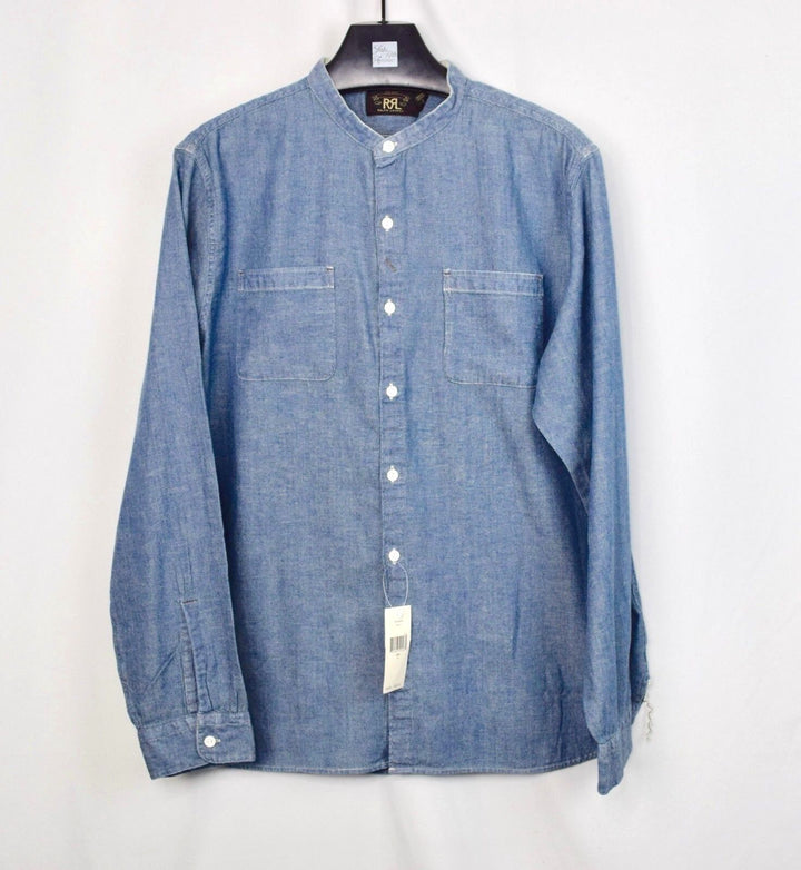 RRL Double Ralph Lauren Men's Mandarin Band Collar Shirt Blue Chambray L Large