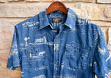 RRL Ralph Lauren 1940's Farming Western Print Blue Button Shirt Men's Large L