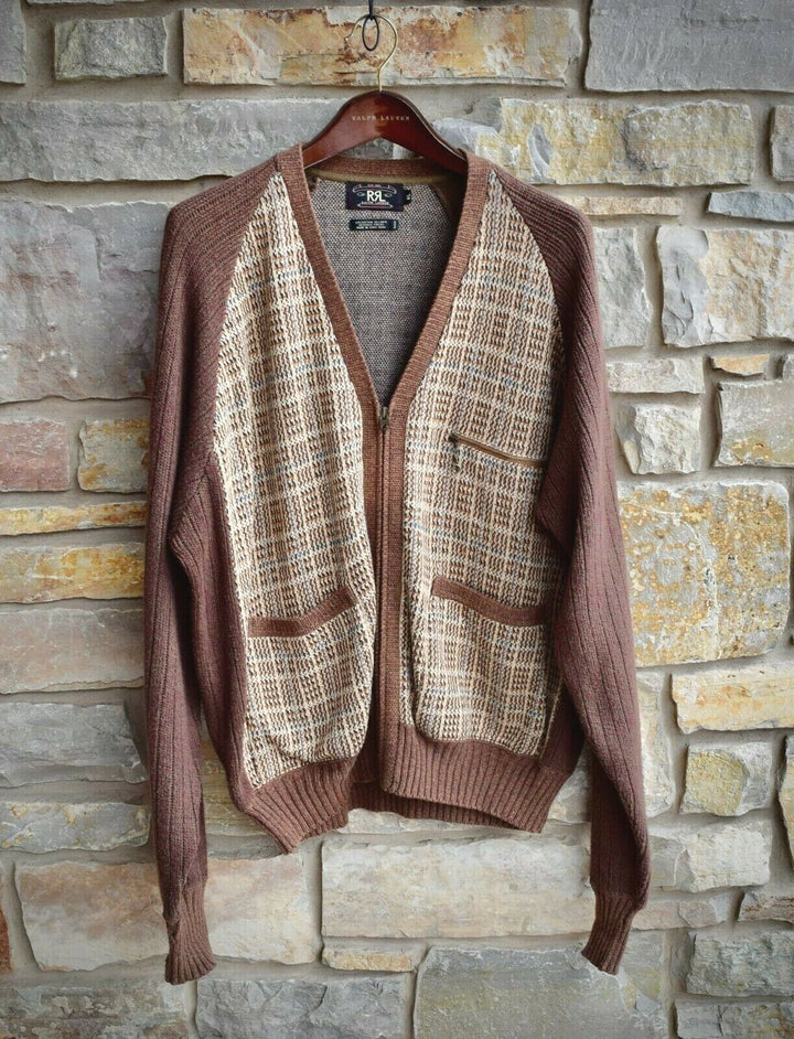 RRL Ralph Lauren Brown Zip Ribbed Linen Knit Cardigan Men's XL Extra-Large