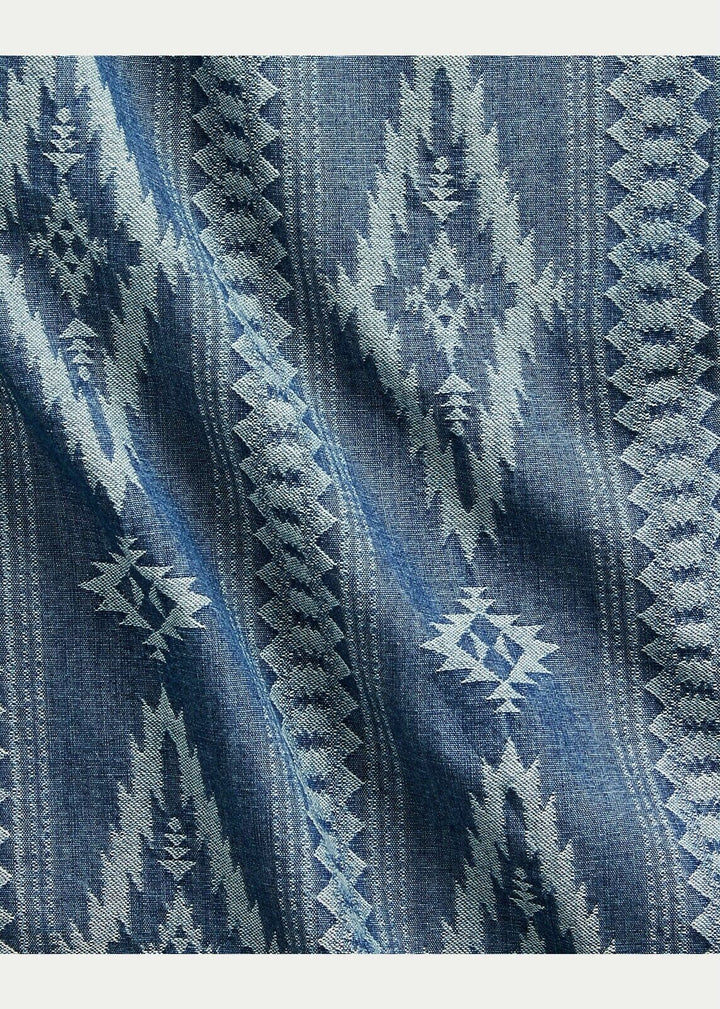 New RRL Ralph Lauren Southwestern Blue Indigo Jacquard Camp Shirt Men's Medium M