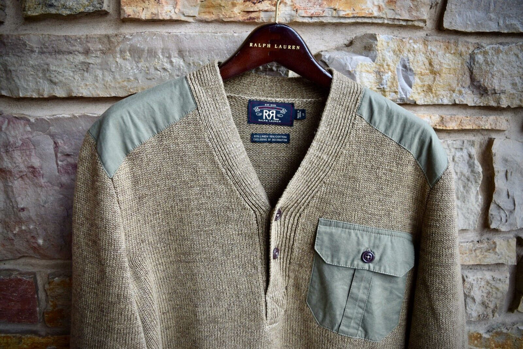 RRL Ralph Lauren Green Linen Knit Henley Military Elbow Sweater Men's Small S