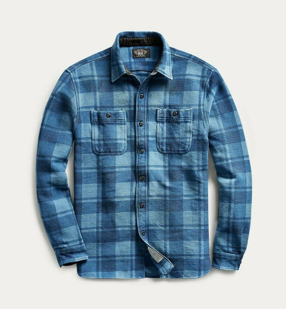 RRL Ralph Lauren Check Blue Jacquard Heavy Flannel Workshirt Mens XL  Extra-Large