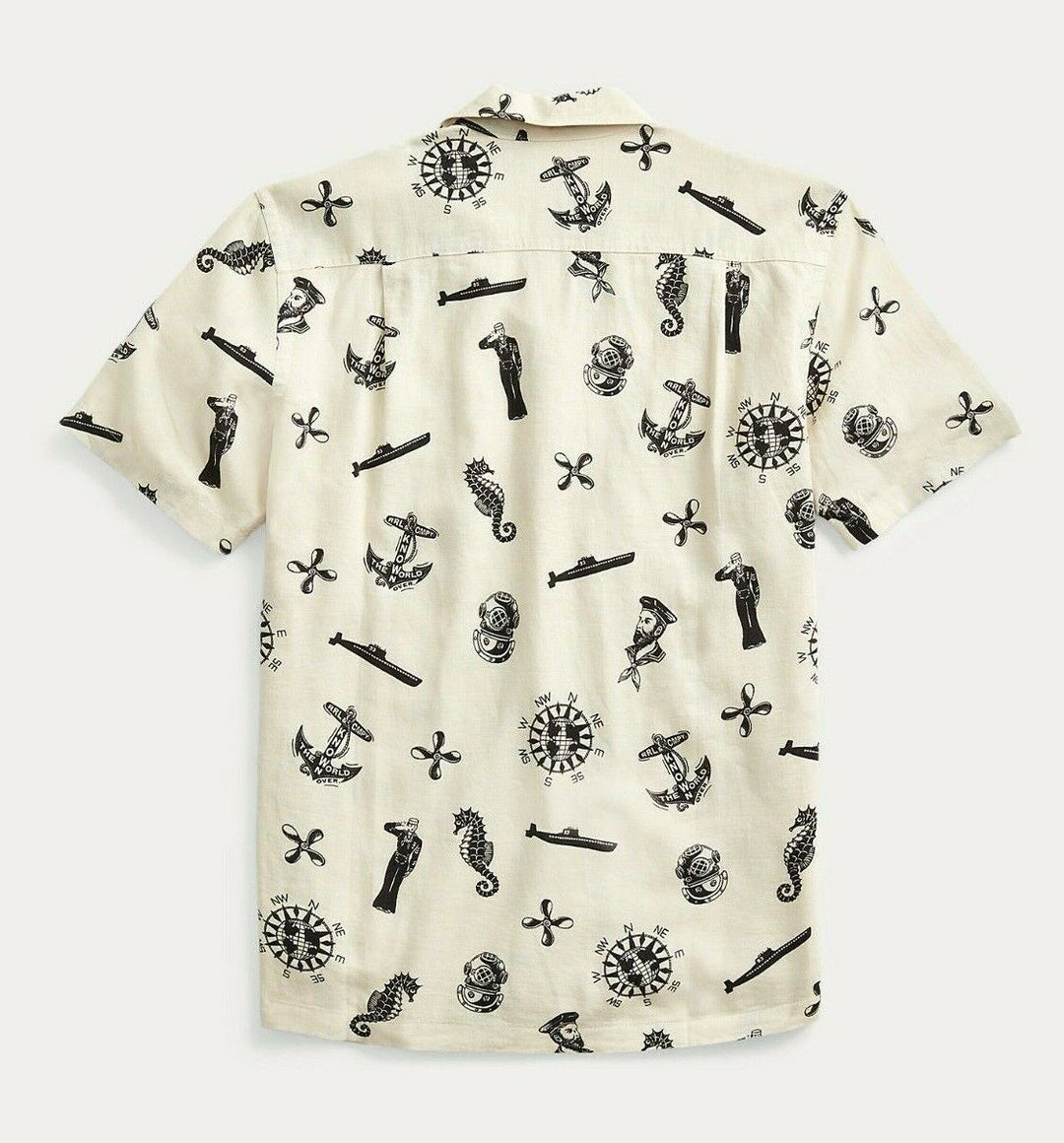 RRL Ralph Lauren Nautical Print Linen White Print Shirt Men's L Large Camp