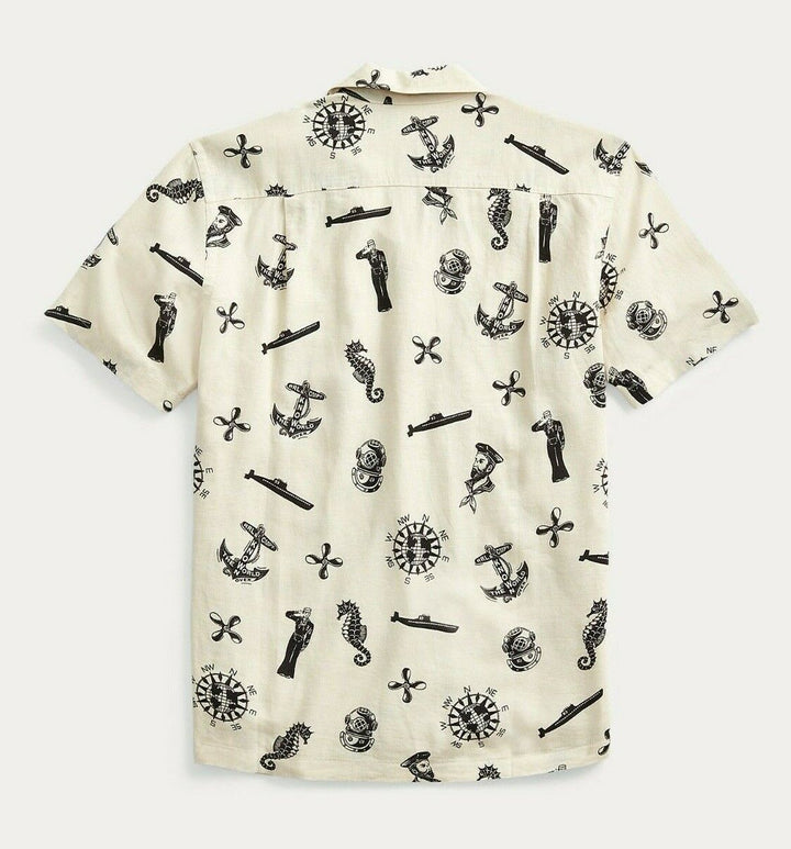 RRL Ralph Lauren Nautical Print Linen White Print Shirt Men's L Large Camp