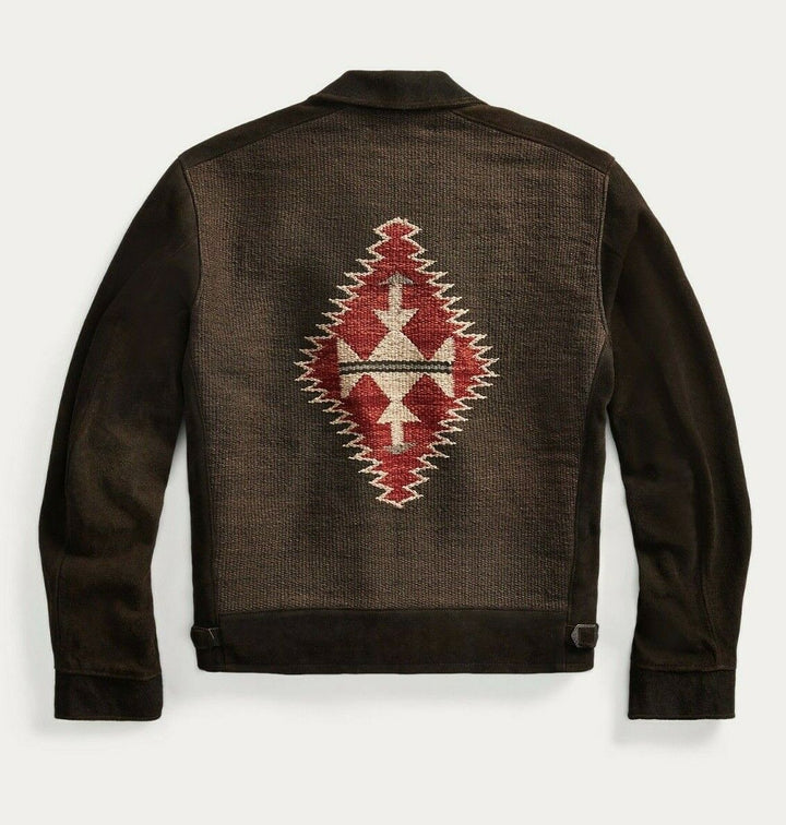 RRL Ralph Lauren Southwestern Leather Jacket Suede Black Woven Men's L Large