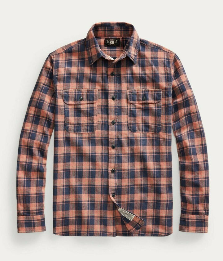 RRL Ralph Lauren Check Plaid Twill Indigo Shirt Workshirt Men's Extra-Large XL