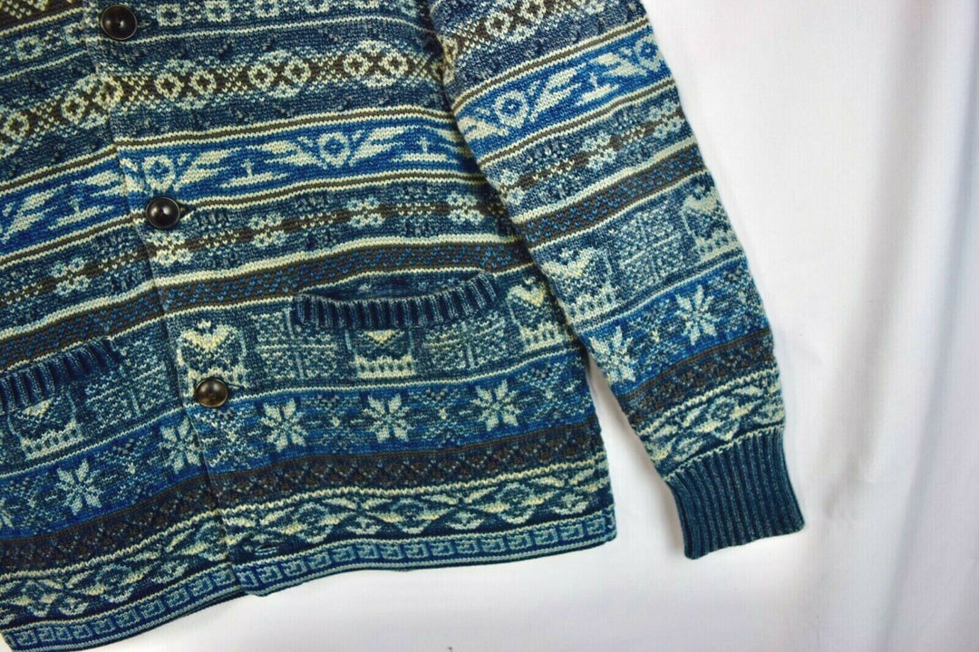 RRL Ralph Lauren Indigo Fair Isle Blue Heavy Fisherman Cardigan Men's S Small