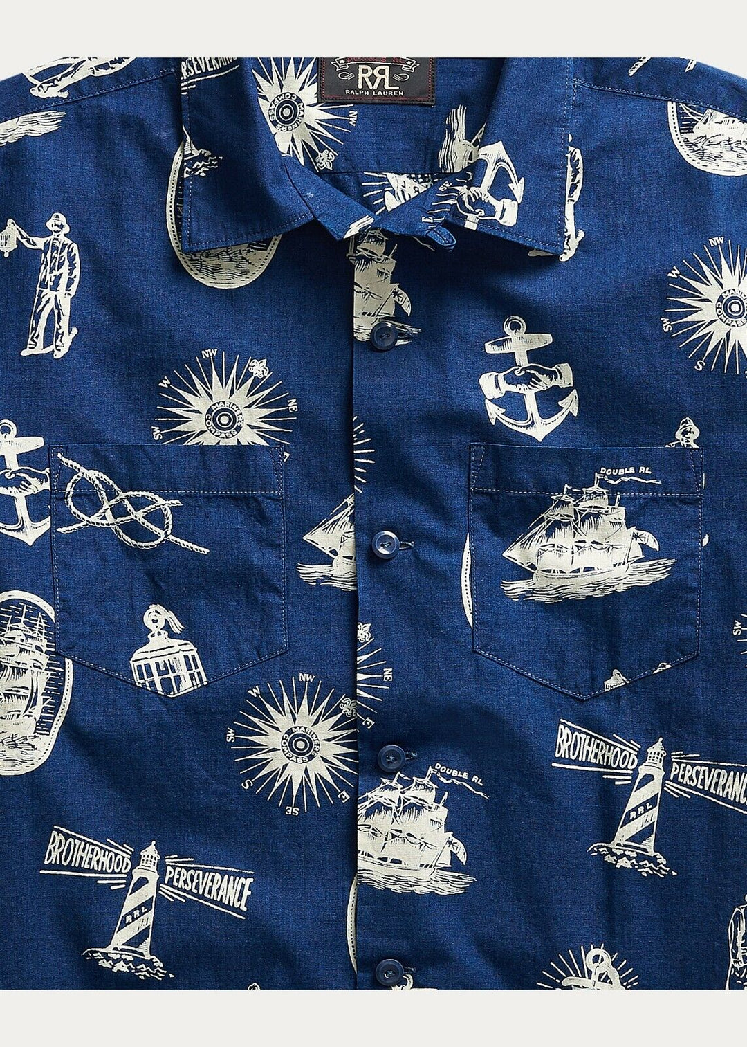 RRL Ralph Lauren Nautical Print Sailor White Print Shirt Men's L Large Camp