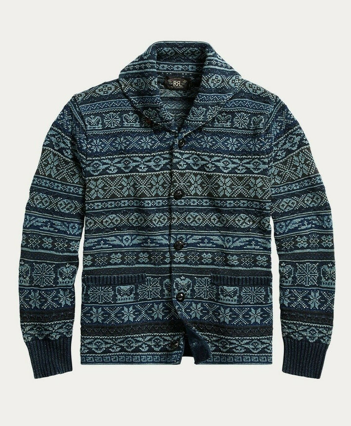 RRL Ralph Lauren Indigo Fair Isle Blue Heavy Fisherman Cardigan Men's S Small