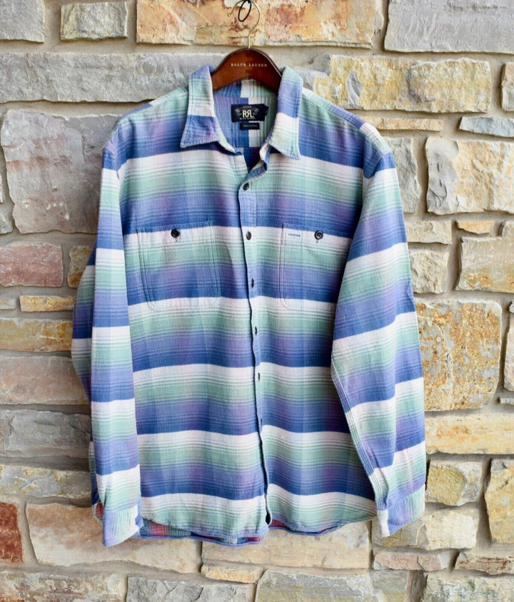 RRL Ralph Lauren Blue Green Striped Serape Shirt Workshirt Flannel Men's 2XL XXL