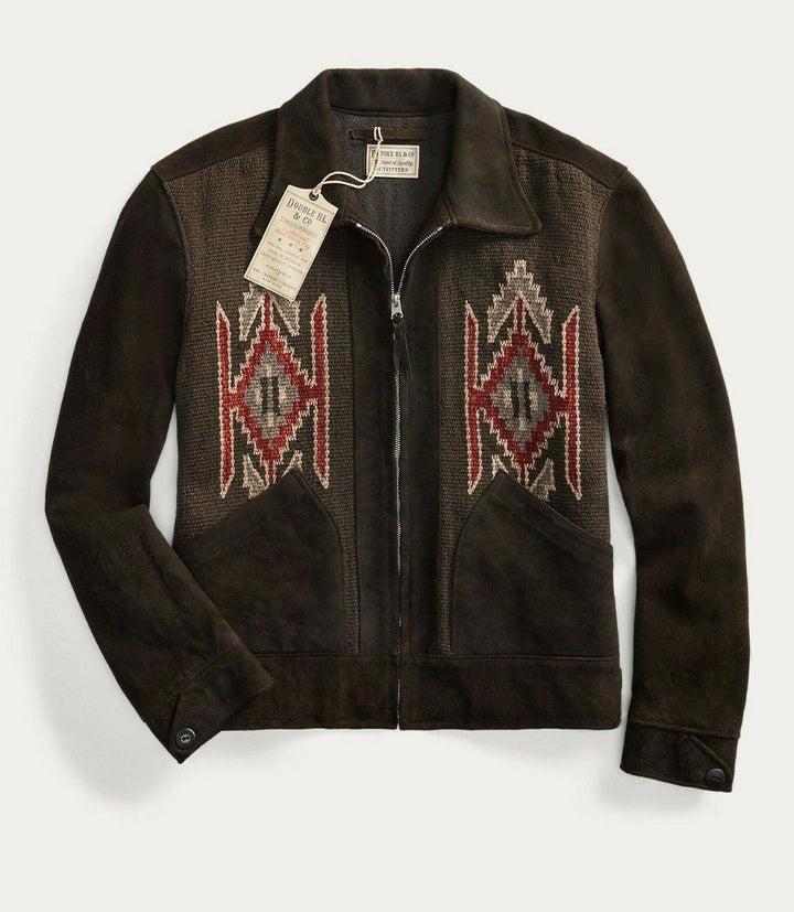 RRL Ralph Lauren Southwestern Leather Jacket Suede Black Woven Men's L Large