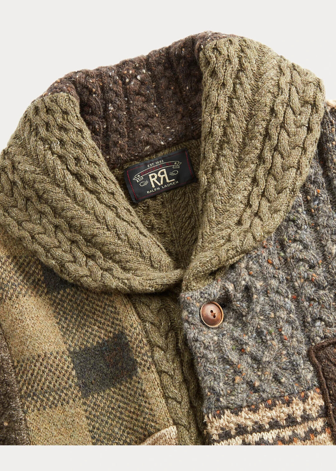 RRL Hand Knit Wool Patchwork Brown Green Ranch Long Belt Cardigan Men's Large L